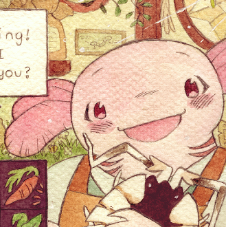 2023 watercolor illustration of an RPG storefront, featuring a cute axolotl shopkeeper.